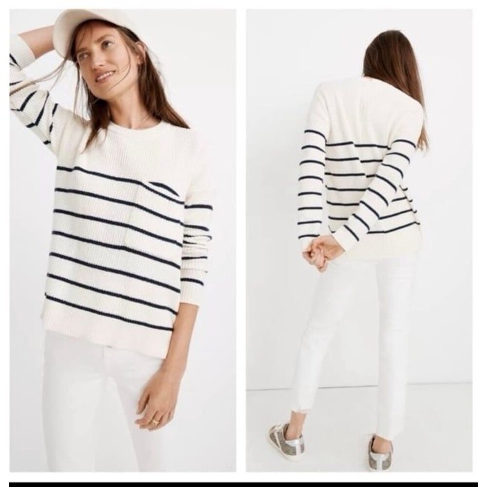 Madewell Nautical Stripe Oversized Pocket Pullover Sweater White Navy, size S